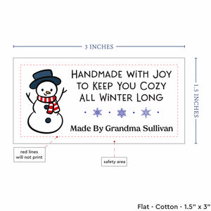 Cotton Cozy Snowman (1.5"x3"-Cotton) custom cotton label, quilt label personalized, ideas for quilt labels, quilt labels sayings