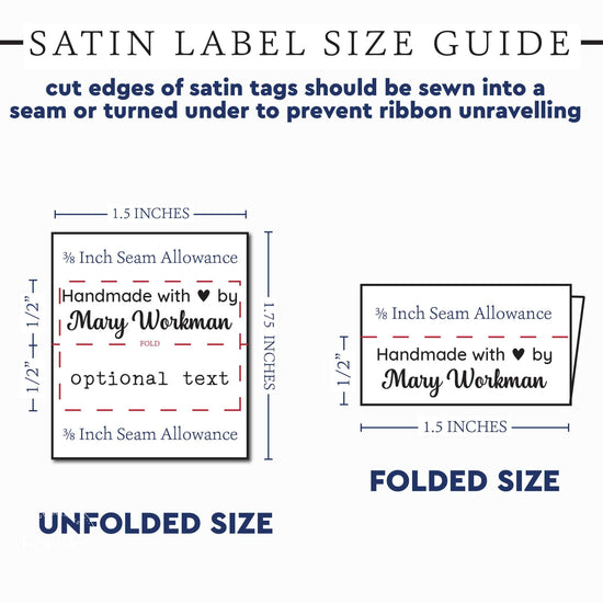 Satin Handmade with Love Satin tags, .5" tall x 1.5" wide custom shirt tags