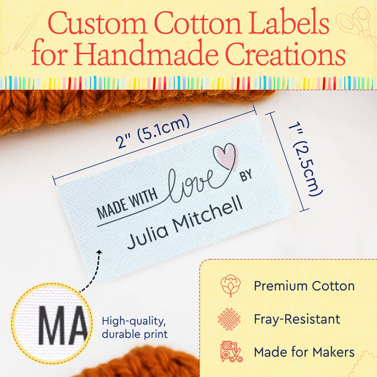 Cotton Heartfelt Script (2"x1"-Cotton) custom clothing labels sew on custom sew in tags custom sewing tags