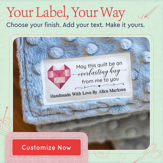Cotton Quilted Heart (1.5"x3"-Cotton) custom cotton label, quilt label personalized, ideas for quilt labels, quilt labels sayings