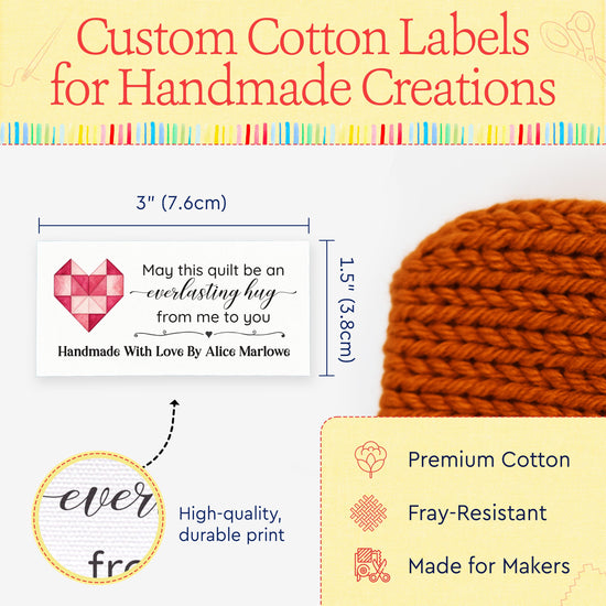 Cotton Quilted Heart (1.5"x3"-Cotton) custom cotton label, quilt label personalized, ideas for quilt labels, quilt labels sayings