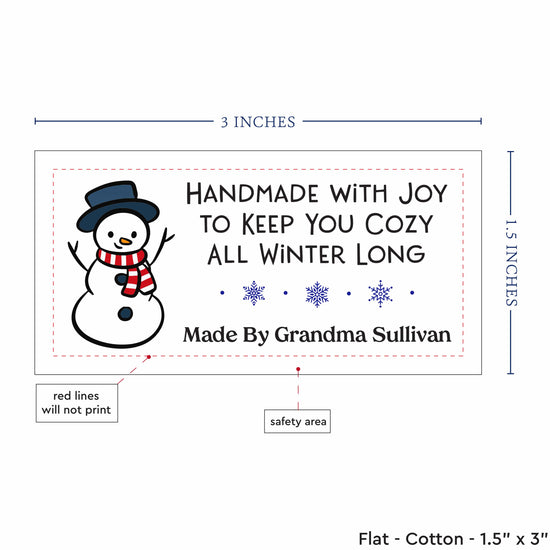 Cotton Cozy Snowman (1.5"x3"-Cotton) custom cotton label, quilt label personalized, ideas for quilt labels, quilt labels sayings