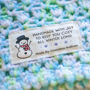 Cotton Cozy Snowman (1.5"x3"-Cotton) custom cotton label, quilt label personalized, ideas for quilt labels, quilt labels sayings
