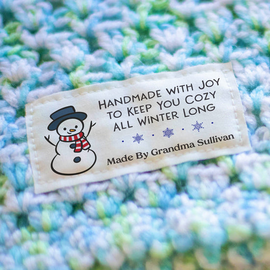 Cotton Cozy Snowman (1.5"x3"-Cotton) custom cotton label, quilt label personalized, ideas for quilt labels, quilt labels sayings