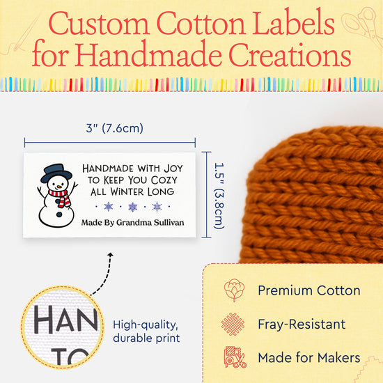 Cotton Cozy Snowman (1.5"x3"-Cotton) custom cotton label, quilt label personalized, ideas for quilt labels, quilt labels sayings