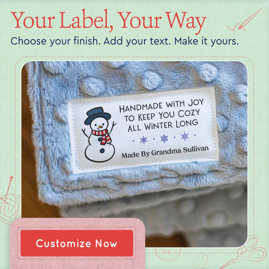 Cotton Cozy Snowman (1.5"x3"-Cotton) custom cotton label, quilt label personalized, ideas for quilt labels, quilt labels sayings