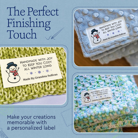 Cotton Cozy Snowman (1.5"x3"-Cotton) custom cotton label, quilt label personalized, ideas for quilt labels, quilt labels sayings