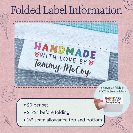 Cotton Rainbow Handmade with Love (2"x1"-Cotton) custom labels for handmade items custom fabric tags for handmade items handmade item tags