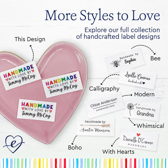 Cotton Rainbow Handmade with Love (2"x1"-Cotton) custom labels for handmade items custom fabric tags for handmade items handmade item tags