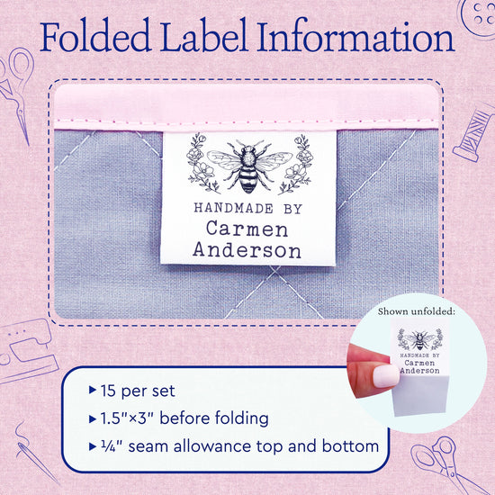 Cotton Floral Bee (1.5"x1.5"-Cotton) handmade by tags fabric tags for handmade items handmade by labels