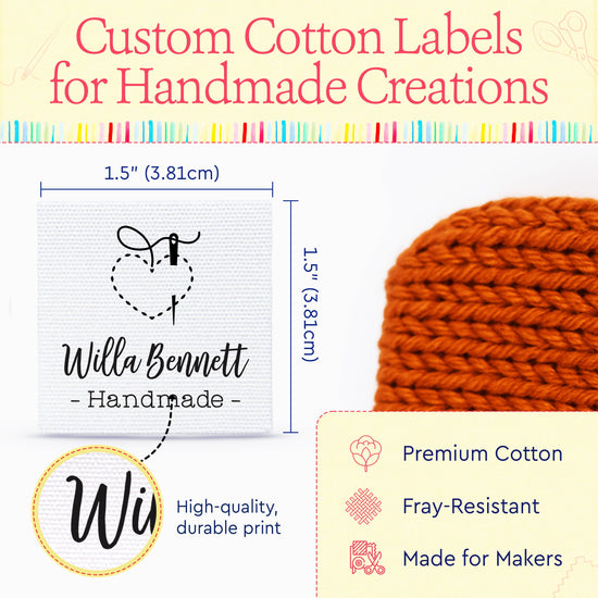 Cotton Stitched with Love (1.5"x1.5"-Cotton) handmade by tags fabric tags for handmade items handmade by labels
