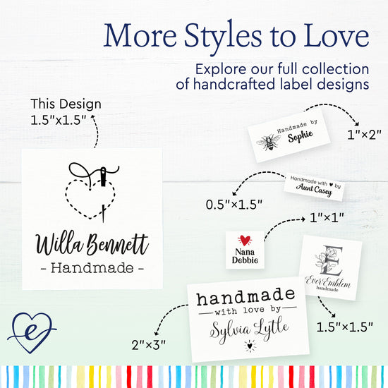 Cotton Stitched with Love (1.5"x1.5"-Cotton) handmade by tags fabric tags for handmade items handmade by labels