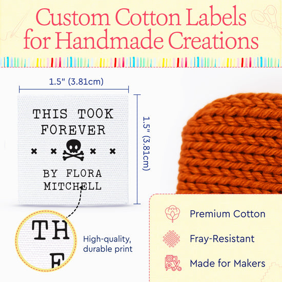 Cotton This Took Forever (1.5"x1.5"-Cotton) handmade by tags fabric tags for handmade items handmade by labels