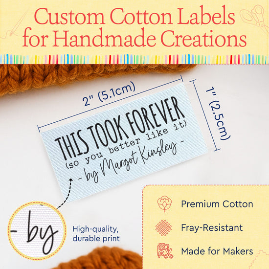 Cotton This Took Forever (2"x1"-Cotton) how to make a quilt label quilt tags iron on quilt labels quilt labels for sale