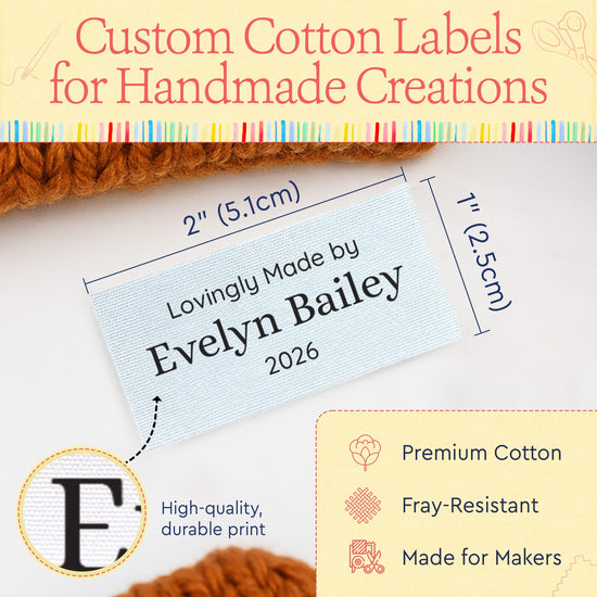 Cotton Medium Text Labels - 3 Lines (2"x1"-Cotton) labels for crochet items tags for crochet items crochet personalized labels handmade tags for crochet