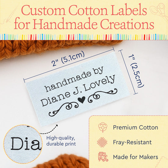 Cotton Heart and Swirls (2"x1"-Cotton) labels for sewing projects sew in clothing labels custom fabric labels