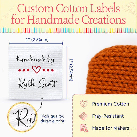 Cotton Hearts and Dots (1"x1"-Cotton) Sew-in fabric labels custom product labels Custom fabric labels