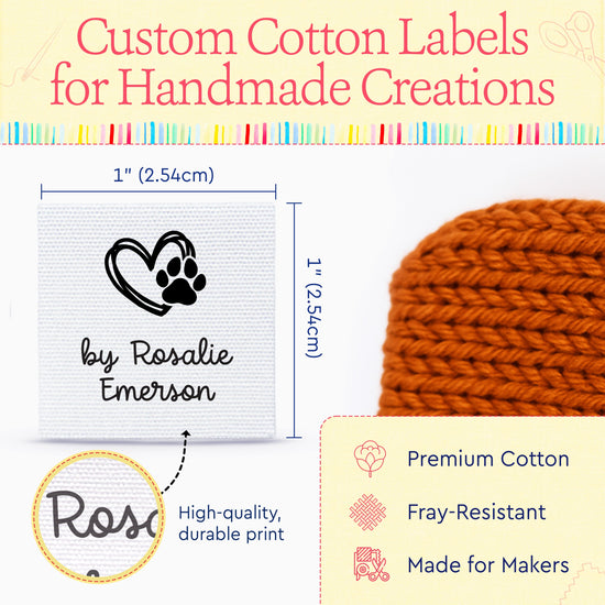 Cotton Heart and Paw Print (1"x1"-Cotton) sewing labels personalized sewing labels sewing tags