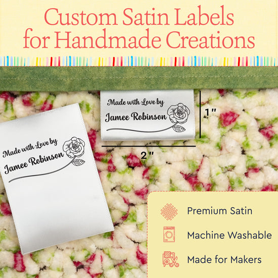 Satin Rose Satin Labels (2" wide - Satin) Custom iron on Labels Custom printed fabric tags Sewing Labels