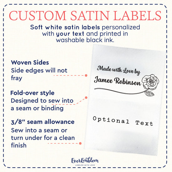 Satin Rose Satin Labels (2" wide - Satin) Custom iron on Labels Custom printed fabric tags Sewing Labels