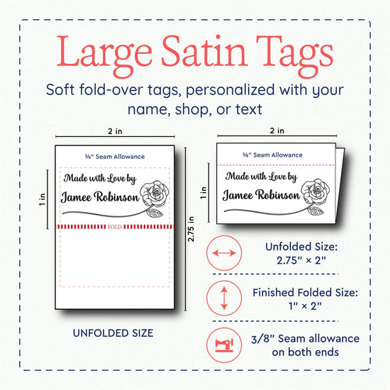 Satin Rose Satin Labels (2" wide - Satin) Custom iron on Labels Custom printed fabric tags Sewing Labels