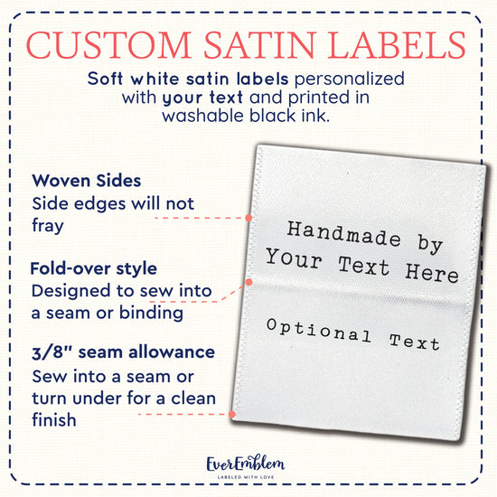 Satin Small Satin Text Tags (1.5" wide - Satin) custom logo on fabric iron on fabric logo custom labels