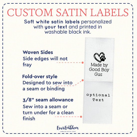 Satin Heart and Paw Print (1" wide - Satin) fabric labels for clothes sewing labels custom sewing machine labels