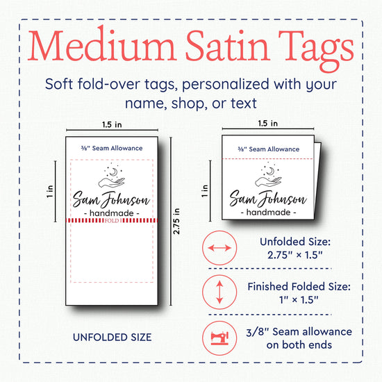 Satin Moon & Hand Satin Labels (1.5" wide - Satin) garment tag custom neck tags custom neck labels shirt label maker