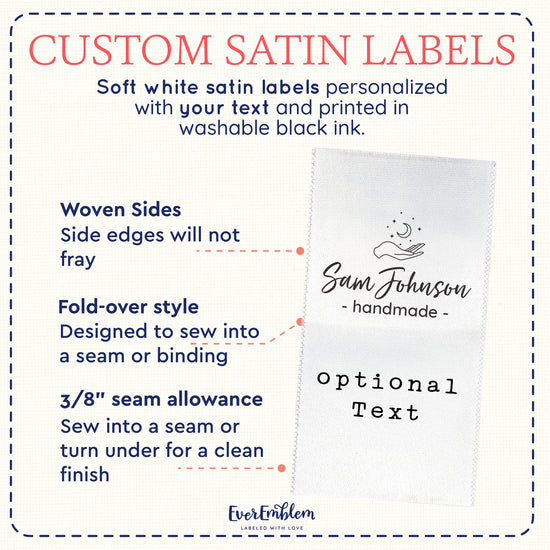 Satin Moon & Hand Satin Labels (1.5" wide - Satin) garment tag custom neck tags custom neck labels shirt label maker