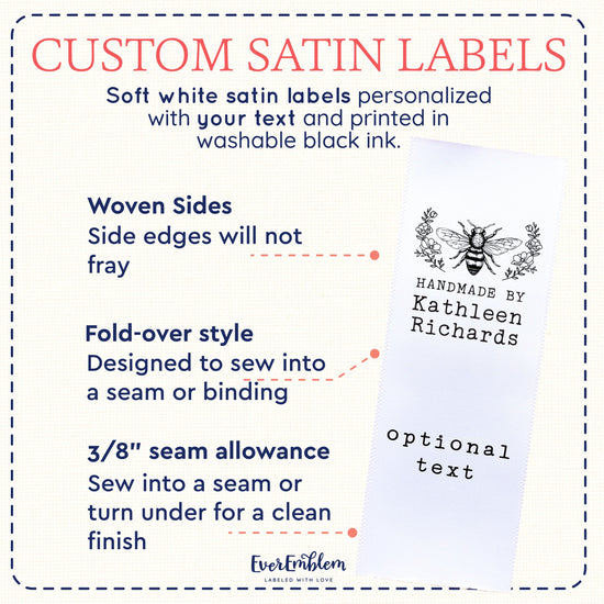 Satin Floral Bee (1.5" wide - Satin) handmade labels personalized tags for handmade items custom tags for handmade items