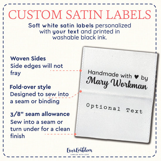 Satin Small Handmade with Love (1.5" wide - Satin) sewing labels custom sewing machine labels labels for sewing projects